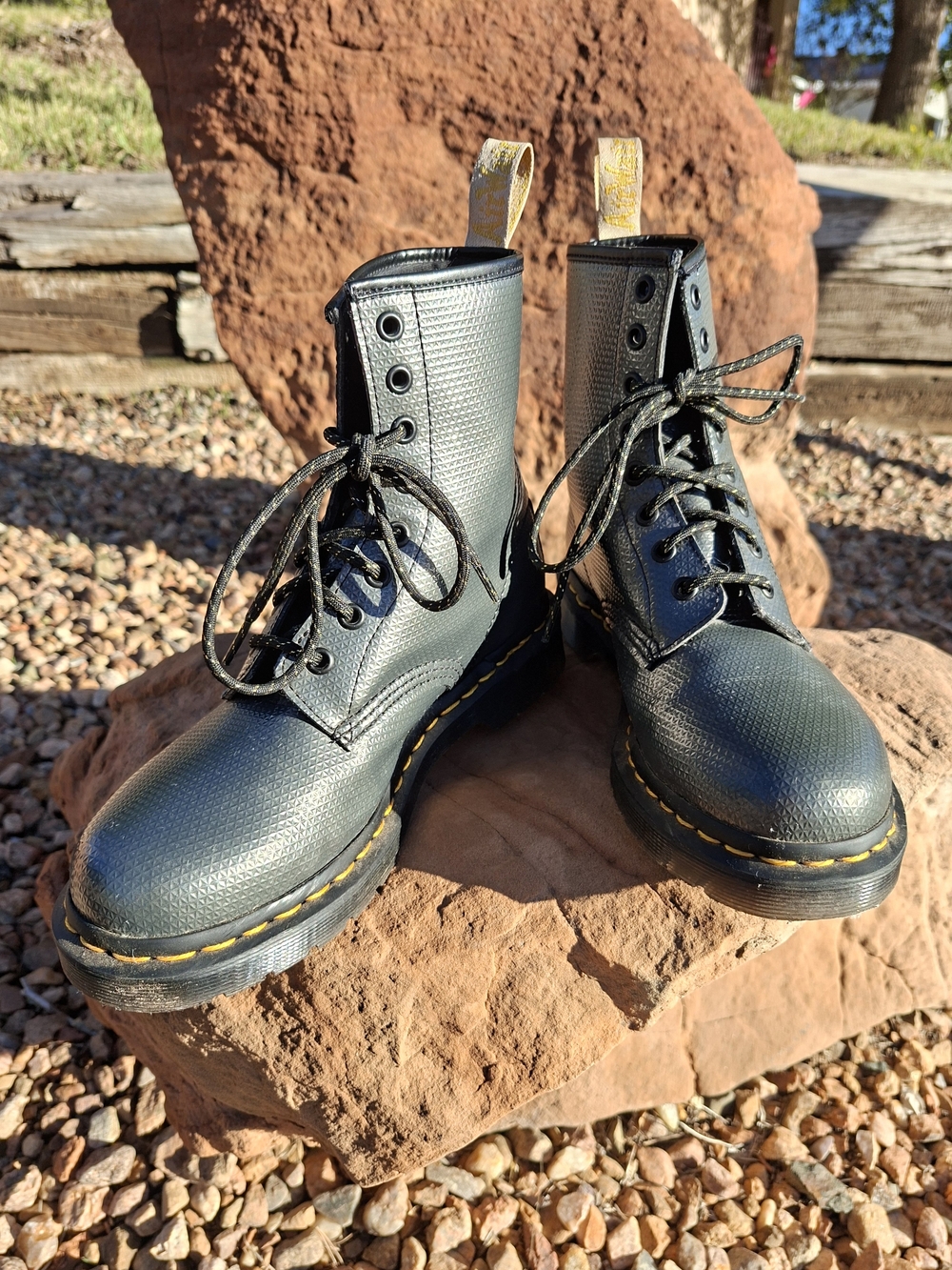 Grey Metallic Emboss Combat Boots with Yellow Stitching - Dr. Martens